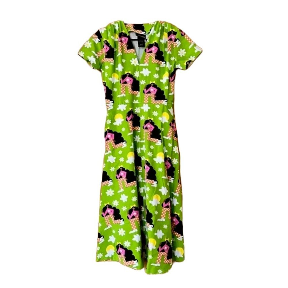 NWT Nooworks Greta in Green Checkered Ladies Stretch Cotton Midi Dress S $144